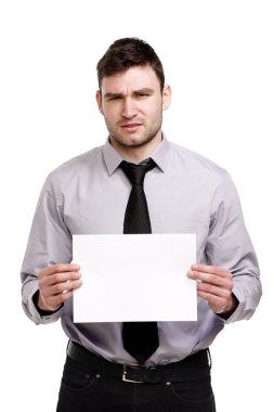 iş adamı boş bir tabela holding şaşkın bakıyor