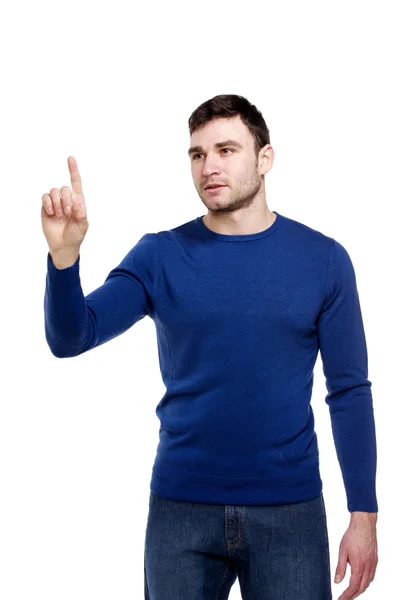 Homem apontando para a frente ou apertando um botão — Fotografia de Stock