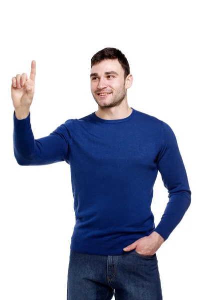 Hombre sonriente señalando, aislado sobre un fondo blanco — Foto de Stock