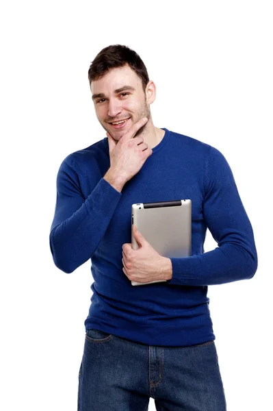 Homem segurando um tablet de computador isolado em fundo branco — Fotografia de Stock