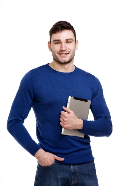 Homem segurando um tablet de computador isolado em fundo branco — Fotografia de Stock