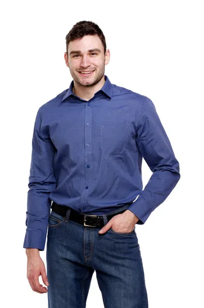 Man in een blauw shirt geïsoleerd op wit — Stockfoto