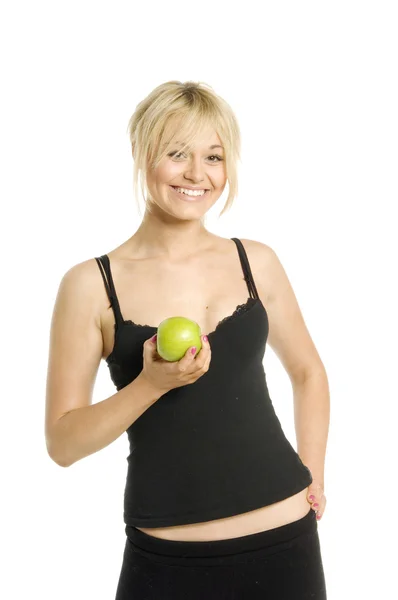 Mujer sosteniendo una manzana aislada sobre un fondo blanco — Foto de Stock