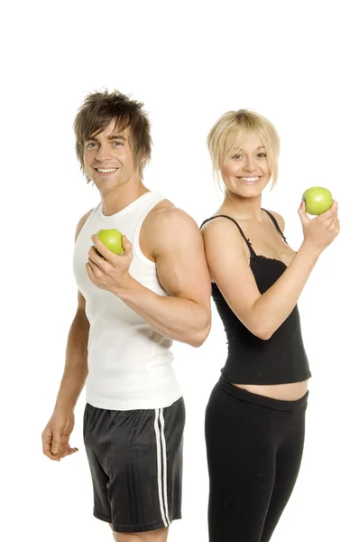 Man en vrouw gezond eten geïsoleerd op een witte achtergrond Stockfoto