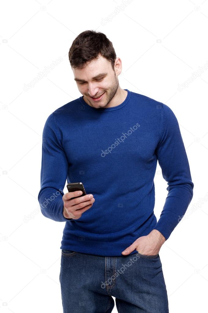 Man holding a mobile phone isolated on white background