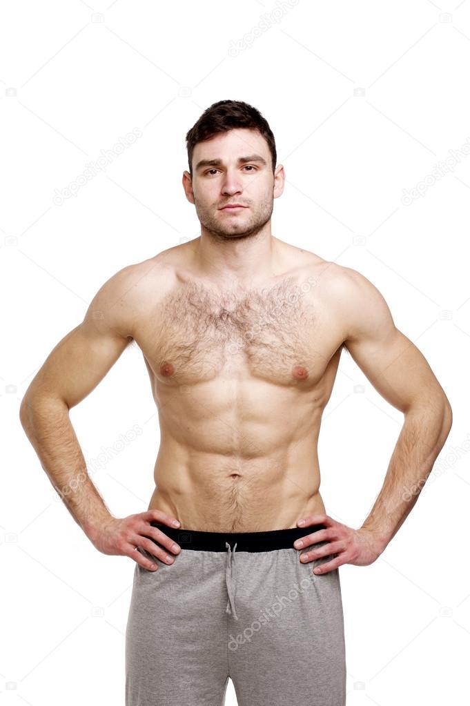Topless man stood isolated on a white background