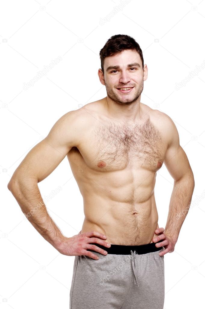 Topless man stood isolated on a white background