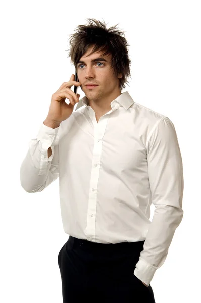 Молодой человек в рубашке на белом фоне — стоковое фото