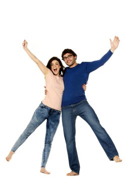 güzel çift tezahürat ve üzerinde beyaz bir ba izole kutluyor