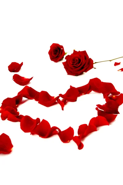 Red rose petals in a heart shape — Stock Photo, Image