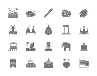 Tayland Kültür Gri Simgeleri seti. Machete, Muay Thai, Mangosteen ve daha fazlası.