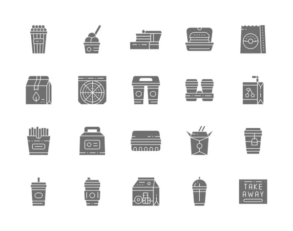 Ensemble d'icônes grises à emporter. Seau de maïs soufflé, boîte à lunch, gobelets en carton et plus. — Image vectorielle