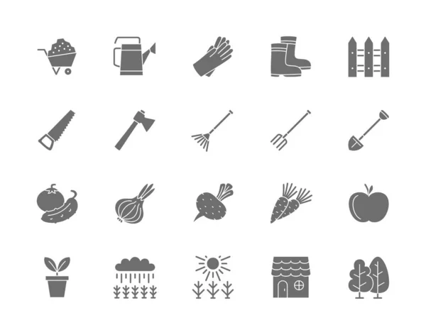 Set di icone grigie dell'agricoltura. Alberi, foresta, casa, campo, vaso da fiori e altro ancora. — Vettoriale Stock