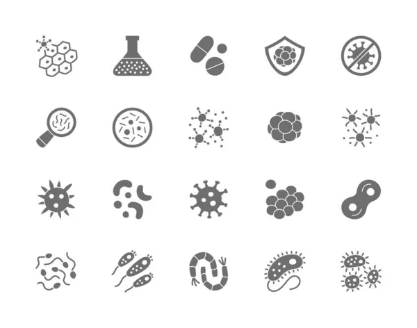 Set von grauen Symbolen für Bakterien. Mikrobe, Keim, Zelle, Kaviar, Immunsystem und mehr. — Stockvektor