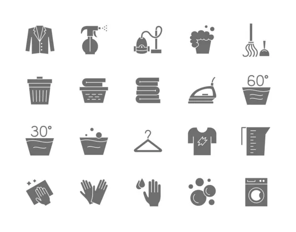 Set von Wäsche-Grau-Ikonen. Waschmaschine, Handschuhe, T-Shirt, Kleiderbügel und mehr. — Stockvektor