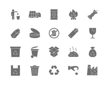 Çöp Gri Simgeleri seti. Atık Fabrikası, Çöp Kamyonu, Konteynır ve daha fazlası.