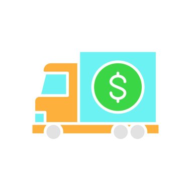 Vektör para kamyonu, para transferi, banka arabası beyaz çizgi simgesi.