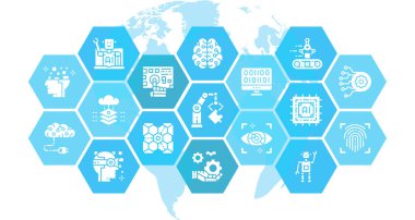 Yapay Zeka ince simge vektör çizimi. Robotik, Chatbot, Veritabanı, Grafik web tasarımı için Büyük Veri tasarım kavramı elementleri