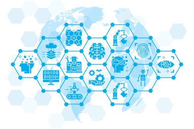 Yapay Zeka simgeleri web pankartı. Robotik, Chatbot, Veritabanı, Web sitesi ve mobil geliştirme için Büyük Veri Tanıtımı.