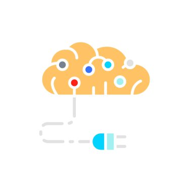 Devre kartına bağlı beyin, yapay zeka, dijital düşünce beyaz çizgi simgesi.