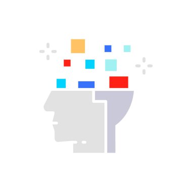 Robot kafası, devre kartına bağlı beyin, dijital düşünce, yapay zeka beyaz çizgi simgesi.