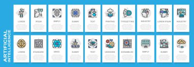 Yapay Zeka mobil ekranları ayarlandı. Robotik, Chatbot, Veritabanı, Web sitesi ve mobil geliştirme için Büyük Veri taşıyıcı pankartı şablonu.