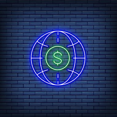 Para, küresel para ve para aktarımı ile vektör dünyası neon işareti.