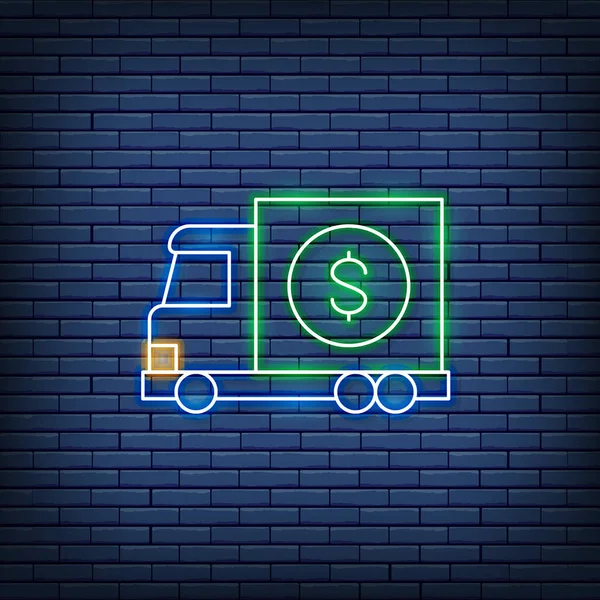 Camion d'argent vectoriel, argent de transfert, voiture bancaire néon signe. — Image vectorielle