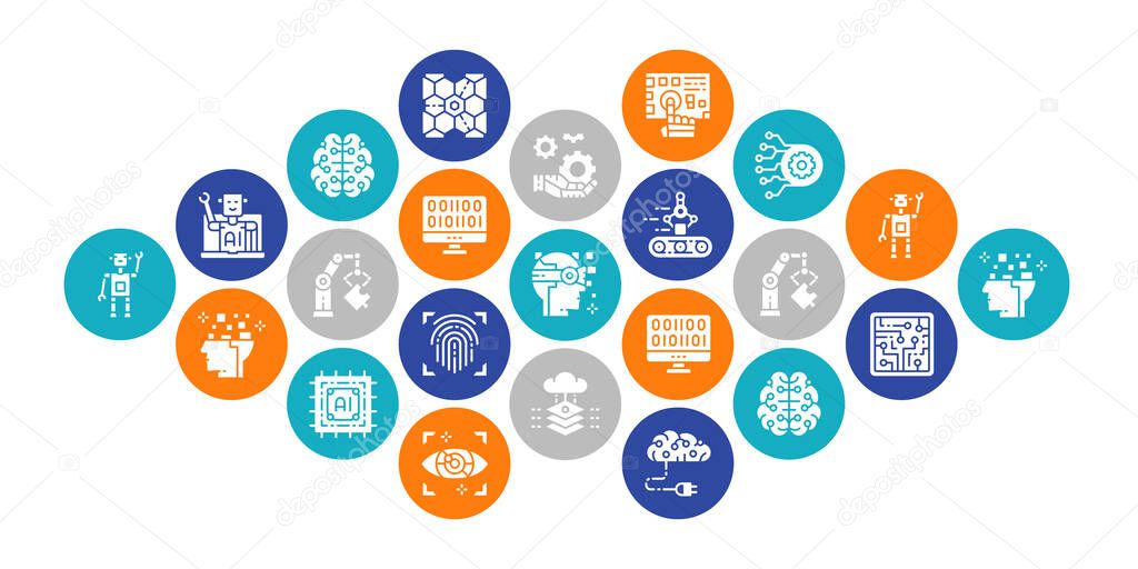 Artificial Intelligence concept vector design. Robotics, Chatbot, Database, Big Data illustration. Web banner layout template.