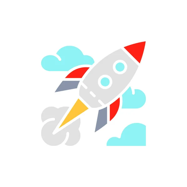 Roket vektor, ikon garis putih startup. Terisolasi pada latar belakang putih - Stok Vektor