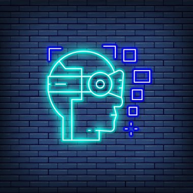 Robot, yapay zeka, 360 derecelik görüş, sanal gerçeklik başlığı neon işareti.