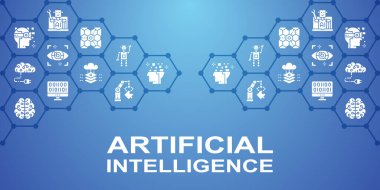 Mavi arkaplanda yapay zeka vektör çizimi. Robotik, Chatbot, Veritabanı, Büyük Veri Pankartı ve sunum tasarımı