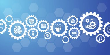 Yapay Zeka web sitesi afiş tasarım şablonu. Web sitesi sunum pankartı için Robotik, Chatbot, Veritabanı, Büyük Veri vektör illüstrasyonu.