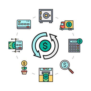 Para ve bankacılık simgeleri daire içine alındı. Kredi Kartı, Para Takası, Atm, Terminal tanıtım simgesi resmi beyaz arkaplanda izole edildi.