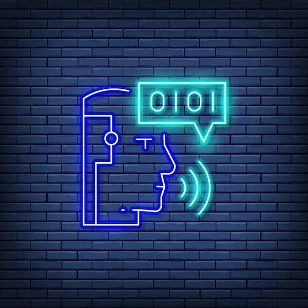 Intelligence artificielle, robot avec ondes sonores, chatbot, reconnaissance vocale néon signe. — Image vectorielle