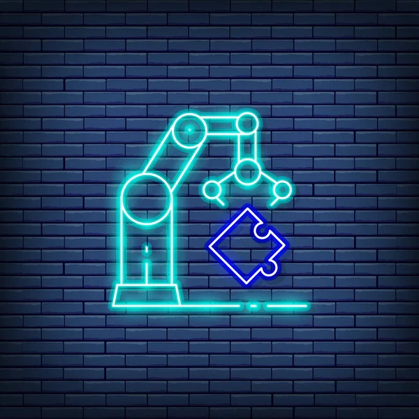 Robotic hand manipulator, industrial mechanical arm neon sign. background — Stock Vector