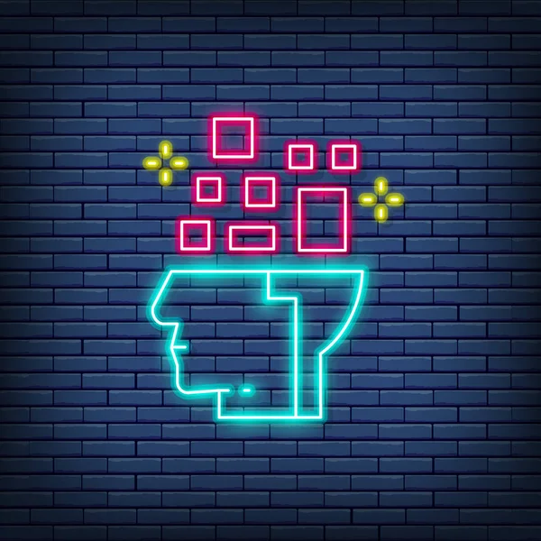 Robot head, brain connected to circuit board, artificial intelligence neon sign. — Stock Vector