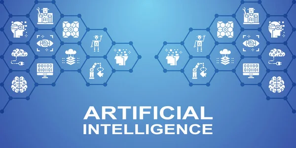 Mavi arkaplanda yapay zeka vektör çizimi. Robotik, Chatbot, Veritabanı, Büyük Veri Pankartı ve sunum tasarımı