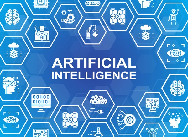 Yapay Zeka simgeleri pankartı. Robotik, Chatbot, Veritabanı, Büyük Veri simgeleri web başlık pankartı. Vektör illüstrasyonu modern düzen şablonu