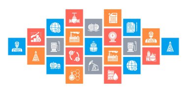 Petrol endüstrisi düz tasarım web pankartı. Yakıt kamyonu, mühendis, benzin, kargo gemisi simgeleri beyaz arkaplanda izole edildi.