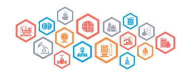 Renkli simgelerle petrol endüstrisi bilgi şablonu. Yakıt kamyonu, mühendis, benzin, kargo gemisi vektör çizimi. Web pankartı düzeni şablonu.