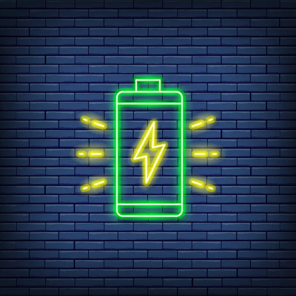 Vector battery, accumulator charging neon sign. Isolated on a brick wall background Vector Graphics