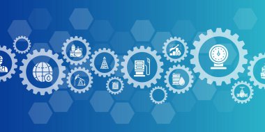 Petrol endüstrisi web sitesi afiş tasarım şablonu. Web sitesi sunum afişi için Yakıt Kamyonu, Mühendis, Benzin, Kargo Gemisi vektör ilüstrasyonu.
