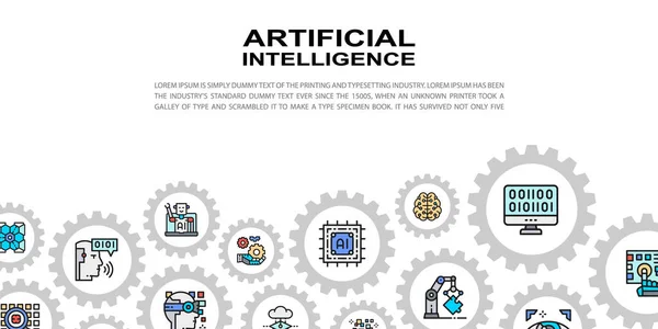 Artificiell intelligens landningssida med färgade ikoner. Robotik, Chatbot, Databas, Big Data vektor webbplats koncept bakgrund. Stockillustration