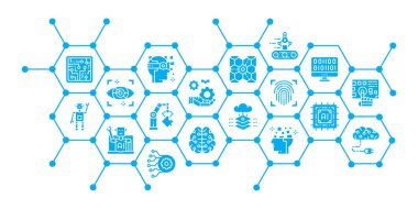 Yapay Zeka simgesi pankartı konsepti. Robotik, Chatbot, Veritabanı, İş sayfası afişi için Büyük Veri vektör illüstrasyonu, Web sunumu