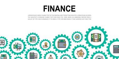 Para ve renkli simgelerle dolu bankacılık iniş sayfası. Kredi Kartı, Para Takası, Atm, Terminal vektör web sitesi kavramı.