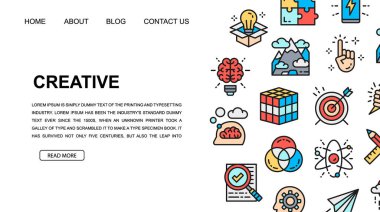 Yaratıcı iniş sayfası tasarımı şablonu. İnovasyon, başlangıç, sanat, proje, web sitesi tasarımı için fikir illüstrasyonu, iş sunumu.