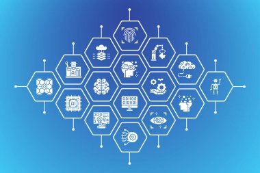 Yapay Zeka iş simgeleri pankartı. Robotik, Chatbot, Veritabanı, Büyük Veri arkaplan çizimi