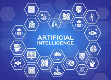 Yapay Zeka tanıtım broşüründe yazı var. Robotik, Chatbot, Veritabanı, Doğrusal simge resimli Büyük Veri tasarım elemanları