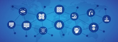 Yapay Zeka web sitesi simge pankartı. Robot bilimi, Chatbot, Veritabanı, Büyük Veri Çizimi. Vektör tanıtım simgesi sunumu